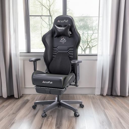 AutoFull C3 Silla Gaming, Silla de Carreras con Soporte Lumbar Ergonómico, Respaldo Alto Ajustable y Reposapiés en Cuero PU para Computadora,Negro
