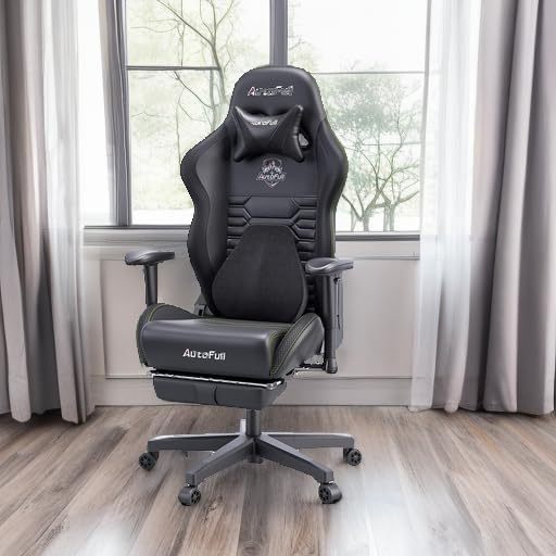 AutoFull C3 Silla Gaming, Silla de Carreras con Soporte Lumbar Ergonómico, Respaldo Alto Ajustable y Reposapiés en Cuero PU para Computadora,Negro