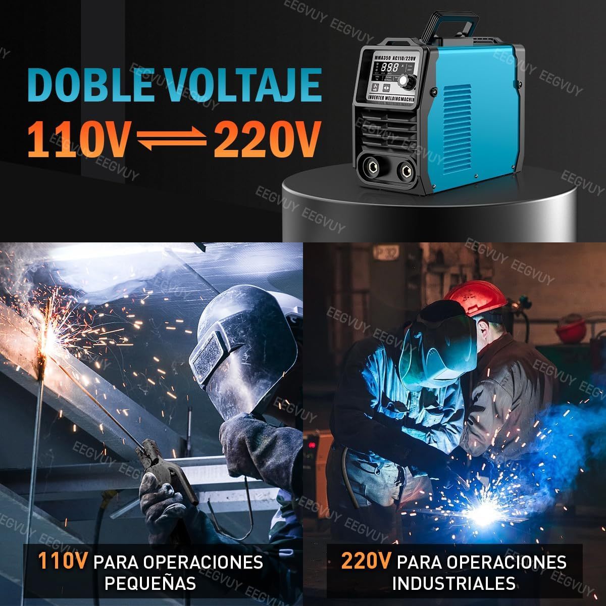 Máquina de Soldar Inverter 2 en 1, 350A, Dual Voltaje 110V/220V, MMA/TIG, Control Digital, Arco Estable con Funciones de Protección y Sistema de Disipación de Calor Eficiente