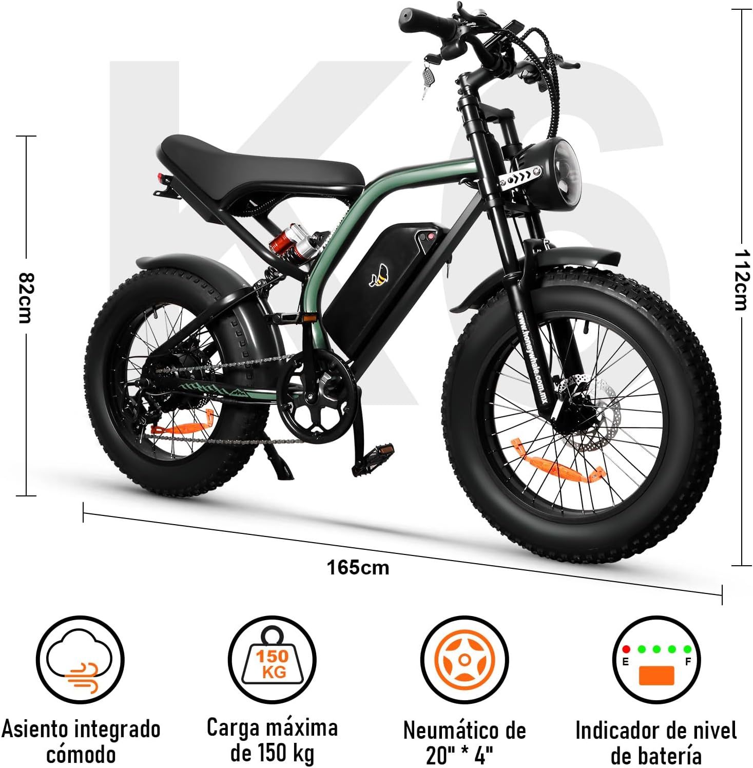 HONEYWHALE K6 Bicicleta Electrica para Adultos, Moto Bicicleta de Montaña de 7 Velocidades, Potencia del Motor 1080 W, Velocidad Máxima 48KM/H, Autonomía 40-45KM, Batería (48V, 15AH)