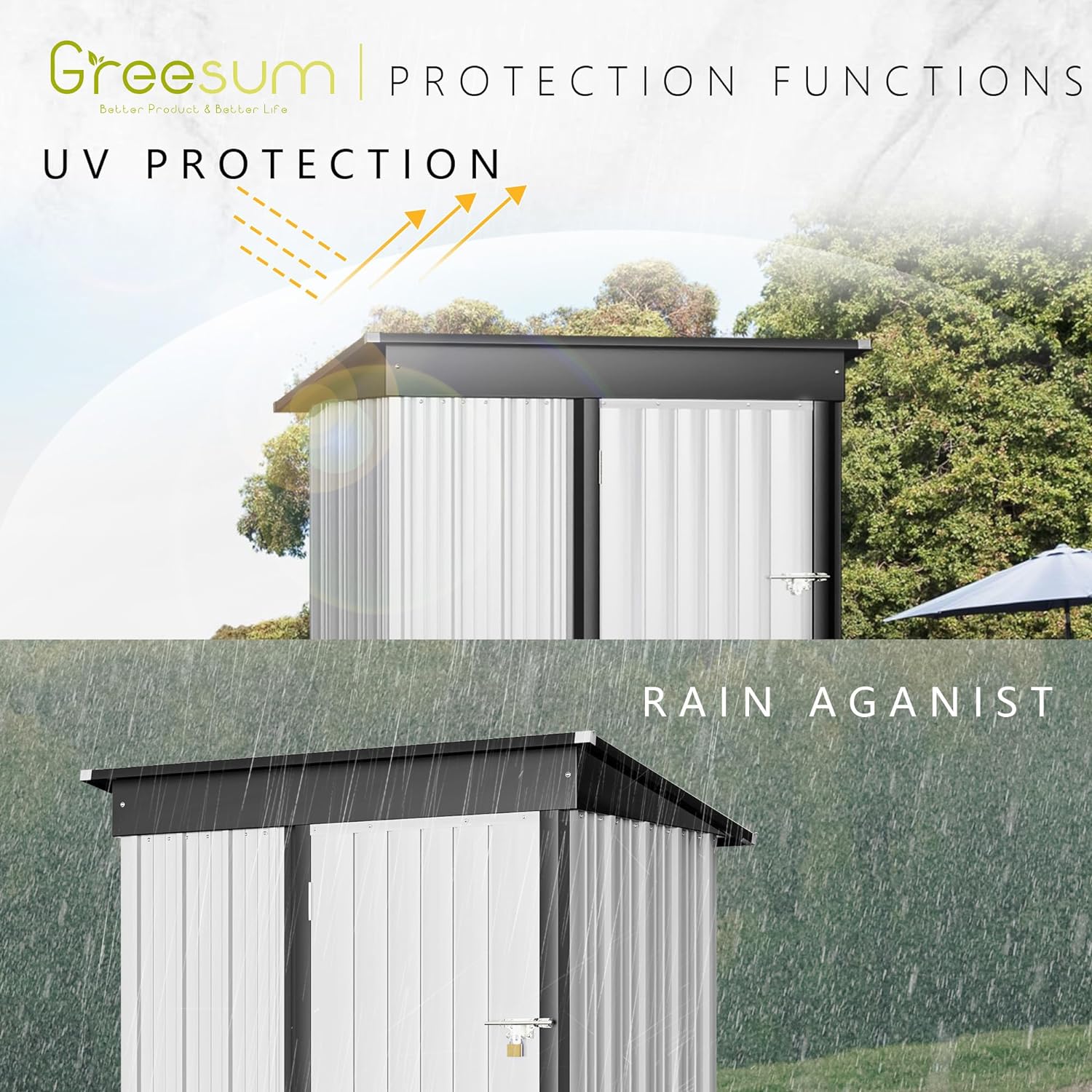 Greesum - Cobertizo de almacenamiento de metal para exteriores, 5 pies x 3 pies, herramienta de acero para cobertizo de almacenamiento con puerta y cerradura, para patio trasero, jardín, patio, césped (5 x 3 pulgadas), color café