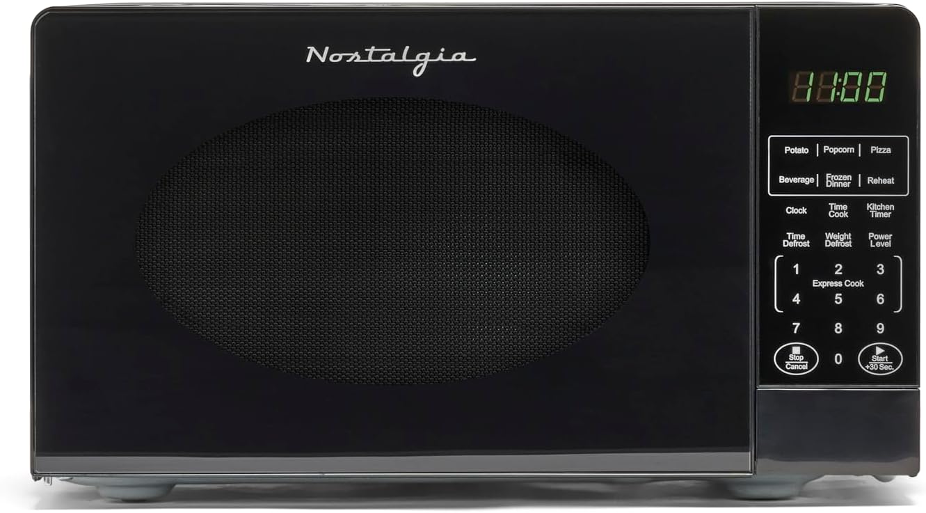 Nostalgia - Horno de microondas retro para encimera de mediados de siglo, tamaño grande de 900 W, 0.9 pies cúbicos, 8 ajustes de cocción preprogramados, reloj digital, electrodomésticos de cocina,