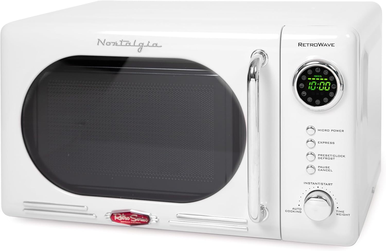 Nostalgia - Horno de microondas retro para encimera de mediados de siglo, tamaño grande de 900 W, 0.9 pies cúbicos, 8 ajustes de cocción preprogramados, reloj digital, electrodomésticos de cocina,