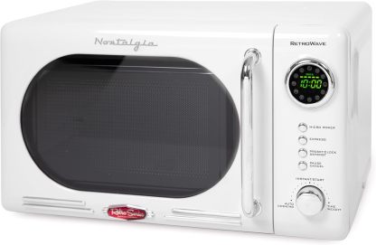 Nostalgia - Horno de microondas retro para encimera de mediados de siglo, tamaño grande de 900 W, 0.9 pies cúbicos, 8 ajustes de cocción preprogramados, reloj digital, electrodomésticos de cocina,