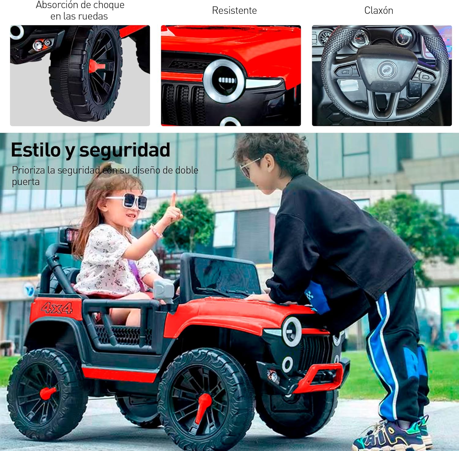 Bluelander Carro Electrico Tipo Jeep Montable Niño Niña, 69*61*105 Cm, Carro Electrico 5 KM/H, Carrito Montable Electrico Musical, Luz Led, Control Remoto, Puerto USB, MIC, Bateria Recargable (Rojo)
