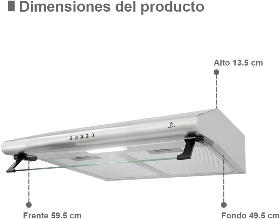 SUPRA Combo empotrable Kalas, Parrilla a gas de 4 quemadores para empotrar de 60 cm Mod. KAYSER, Campana extractora de tipo pared en acero inoxidable de 60 cm Mod. CB-60