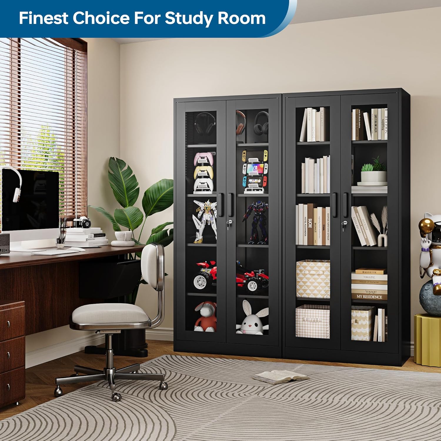 PEUKC - Vitrina con puertas de vidrio, vitrinas con 4 estantes ajustables y cerradura para el hogar, la oficina, la clínica, la despensa, requiere ensamblaje, negro, color madera