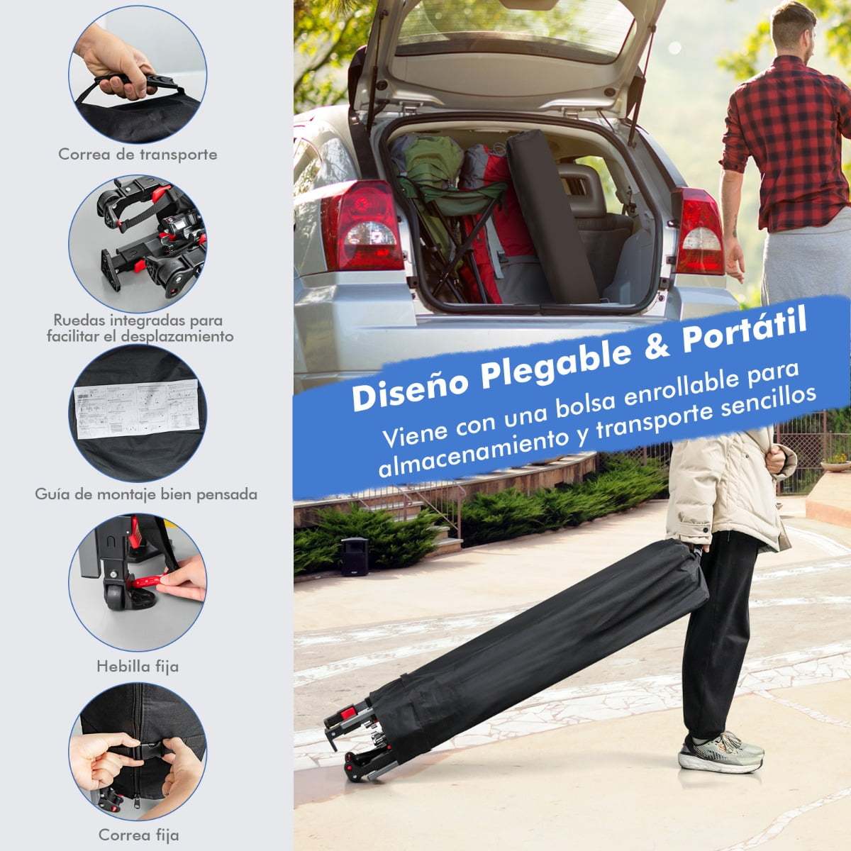 Costway 3x3m Pabellón Emergente Instantáneo Plegable para Exterior con Dos Mitades de Toldo Carpa Portátil Ajustable en Altura para Camping