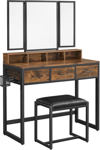 VASAGLE Juego de Mesa de Maquillaje con Espejo Triple, Tocador con Espejo y Taburete, 3 Cajones, Escritorio de Maquillaje, Soporte para Secador, Industrial, Marrón Rústico y Negro RVT004B01