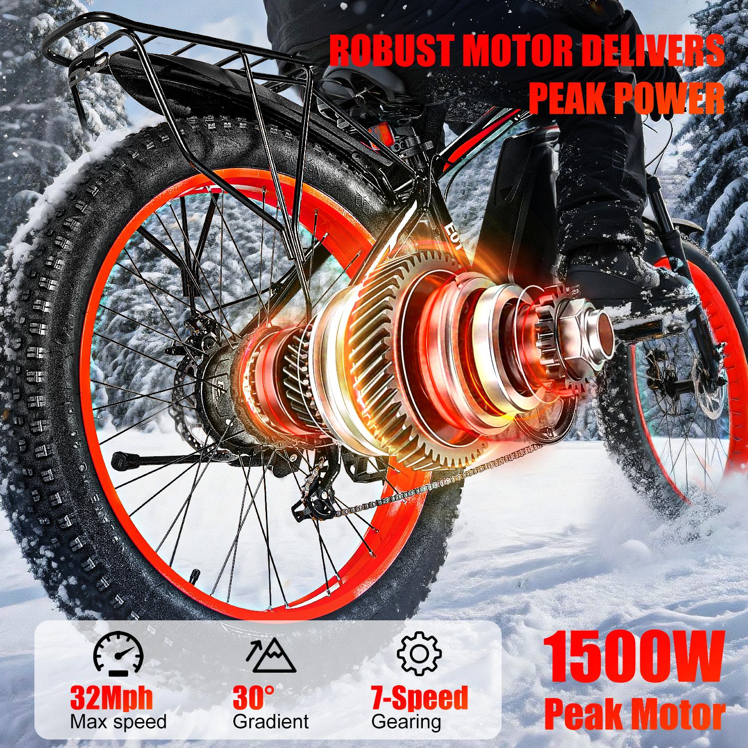 [EOEOTWO E01] 1500W Peak Motor Electric Bicycle with Front Suspension 48V 15AH Battery 26"x 4.0 Inch Tires 30+ MPH Speed 70 Miles Range for Snow Mountain Road Riding