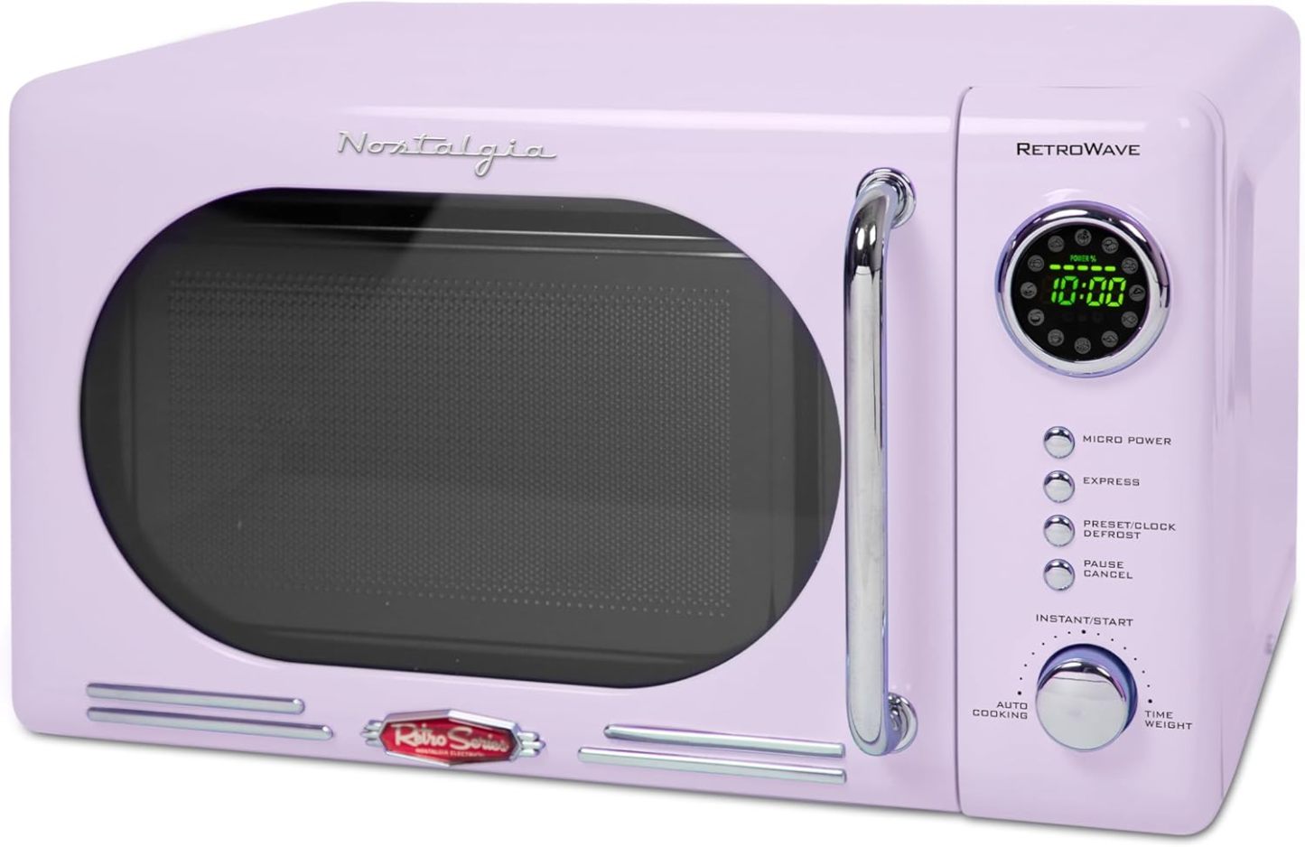 Nostalgia - Horno de microondas retro para encimera de mediados de siglo, tamaño grande de 900 W, 0.9 pies cúbicos, 8 ajustes de cocción preprogramados, reloj digital, electrodomésticos de cocina,
