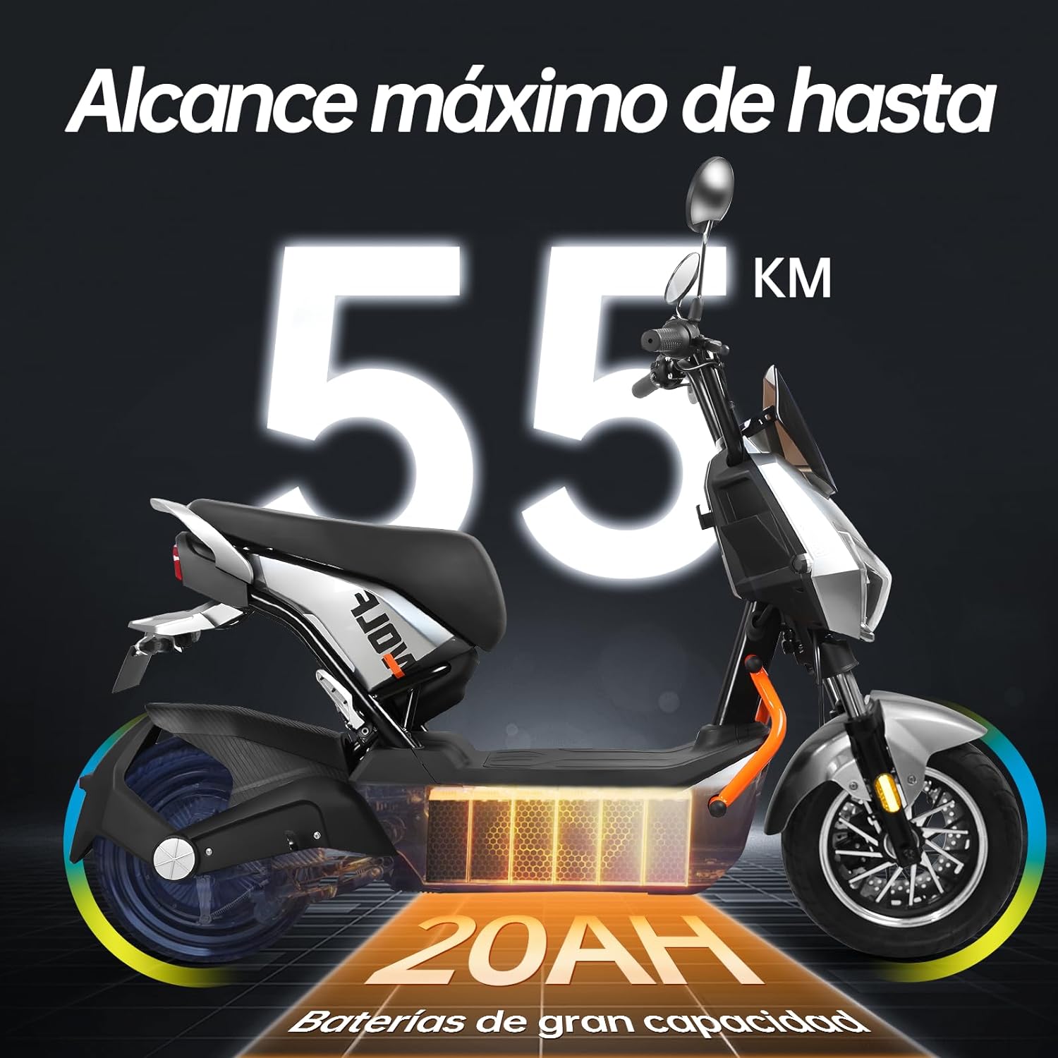 HONEYWHALE ZL-Wolf Bicicleta Electrica para Adultos, Bicimoto Eléctrica con Alarma, Máxima del Motor 1200W, Velocidad Máxima 55KM/H, Autonomía 50-55KM, Batería (72V, 20AH), Emite 7 Colores de luz