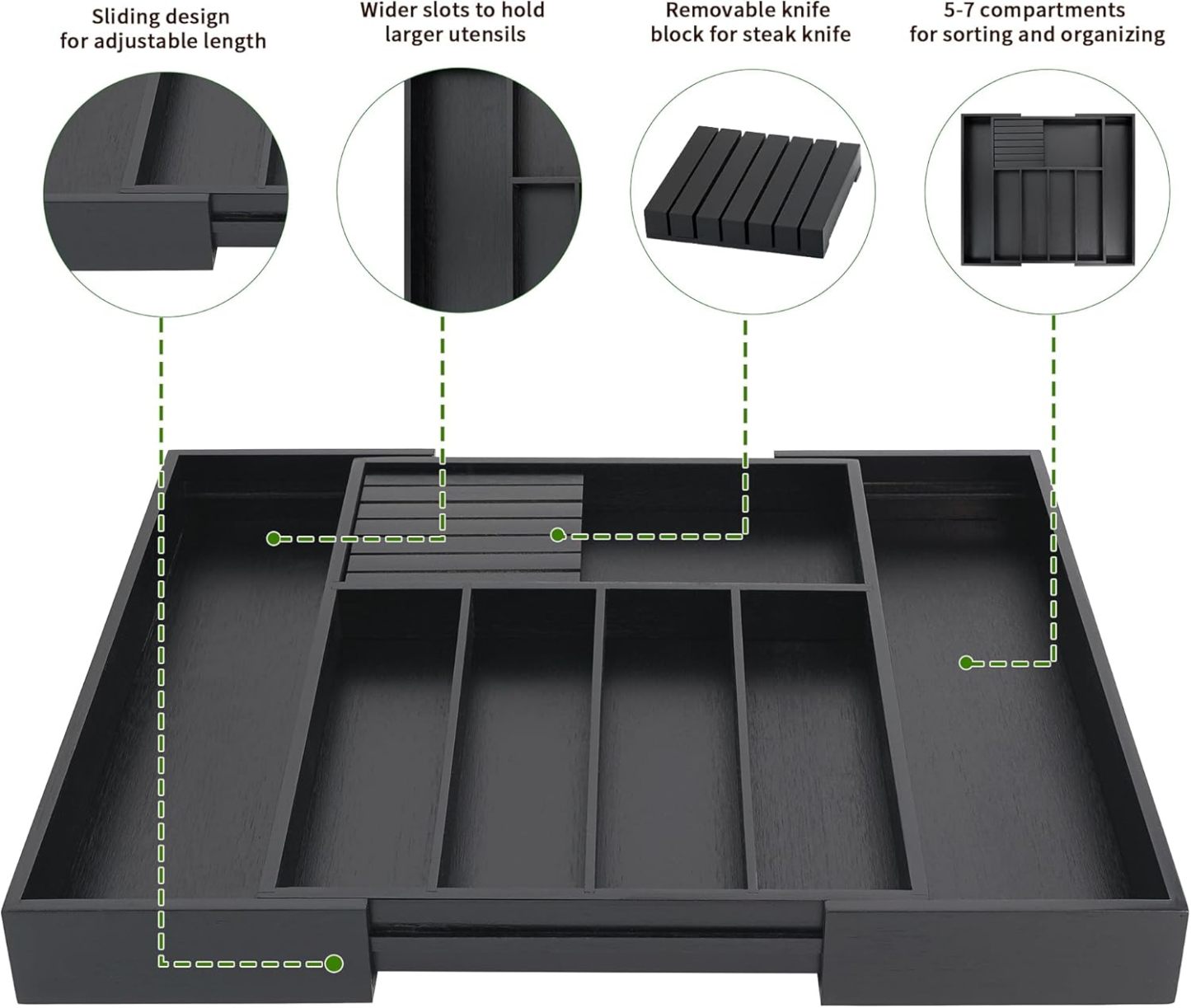 VaeFae Cocina, soporte para utensilios extensibles y bandeja de cubiertos con Divider de 13" -21,6 "de superficie plana y bloque de cuchildesmontable (negro)