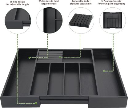 VaeFae Cocina, soporte para utensilios extensibles y bandeja de cubiertos con Divider de 13" -21,6 "de superficie plana y bloque de cuchildesmontable (negro)