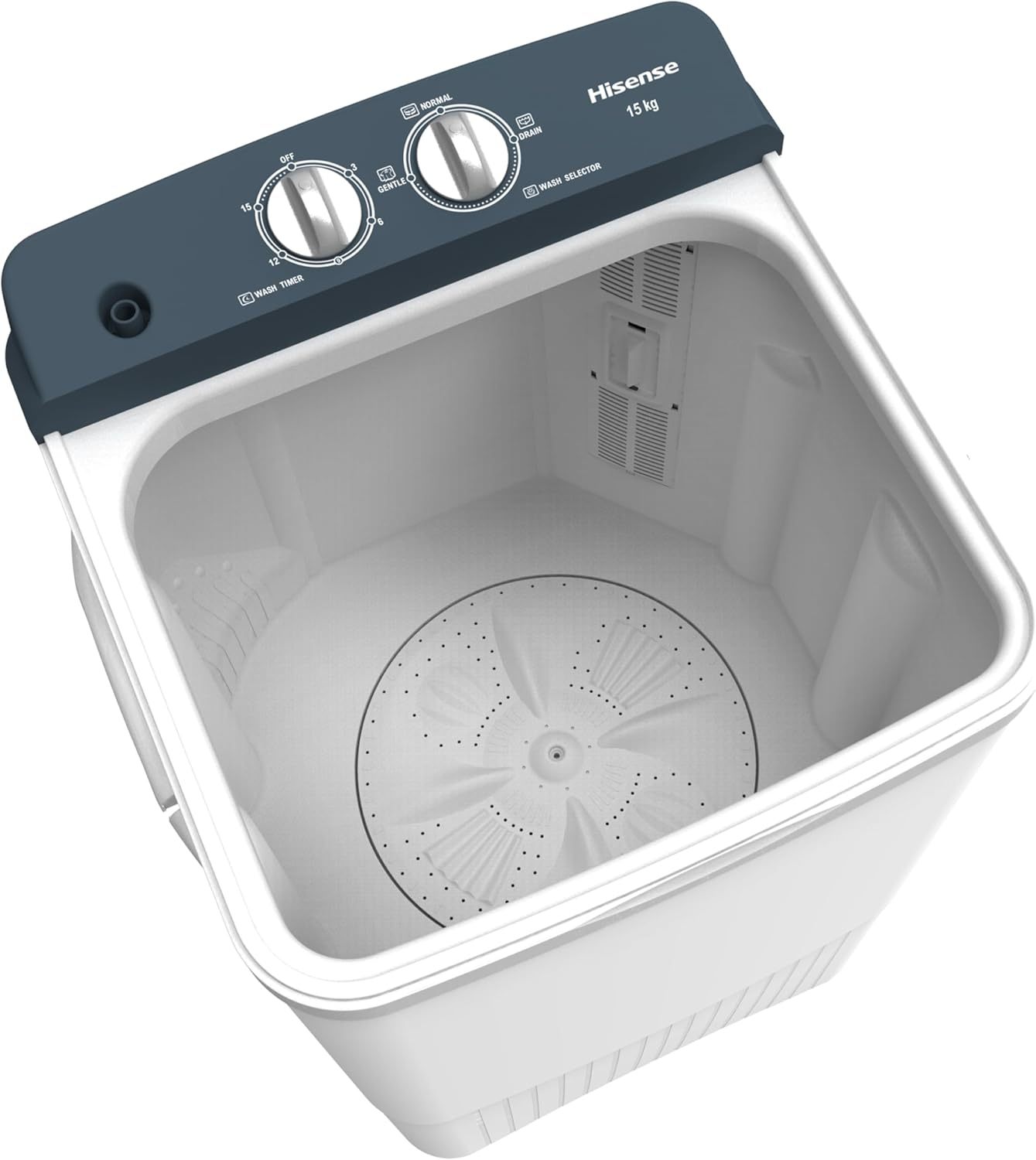Hisense Lavadora WSFF1501, Semiautomática, 15 Kg, Temporizador de Lavado y Centrifugado, 55x52x91cm(AnchoxLargoxAlto), Blanco/Gris