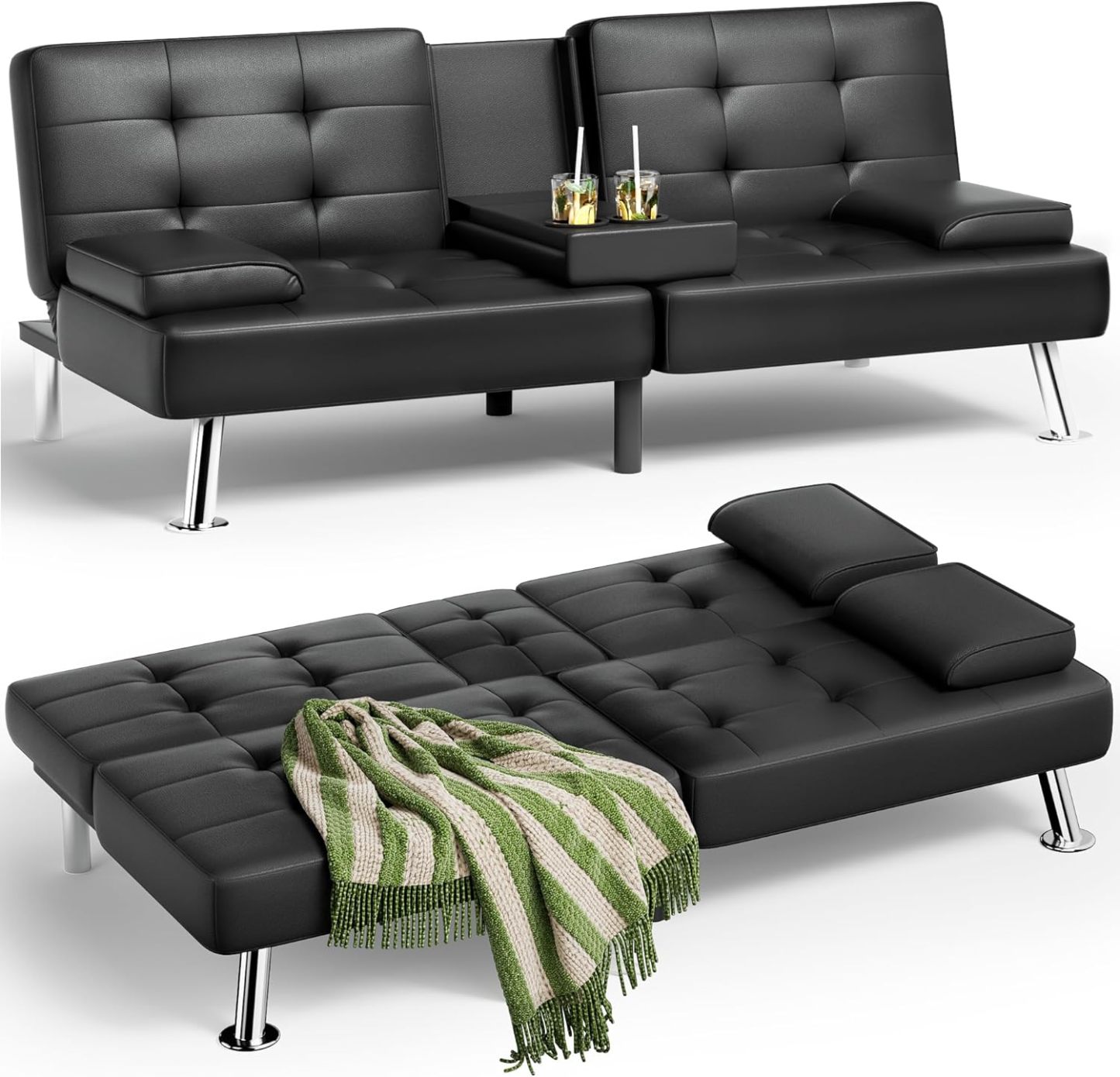 JUMMICO - Sofá cama plegable de piel sintética tapizada moderna y convertible con reposabrazos extraíbles, sofá reclinable ajustable con 2 portavasos para sala de estar (piel, café)