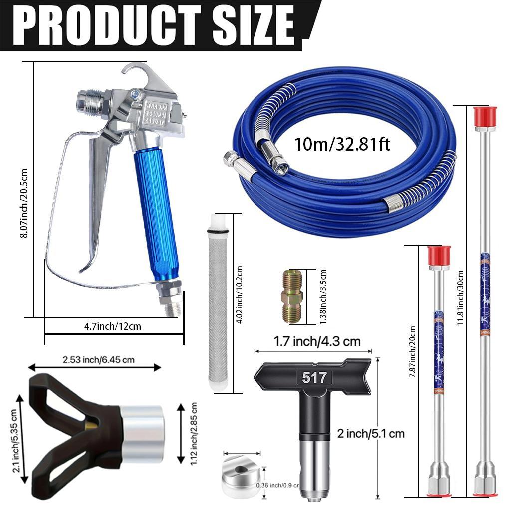 Handheld Airless Paint Spray Gun Kit, Paint Spraying Tool, 3600 PSI High-Pressure Paint Sprayer for House Painting with 32.81ft Hose, 180&deg; Reversible Nozzles, 2 Tip Guards, 2 Stainless Steel Extension Rods for Heavy-Duty Spray Painting