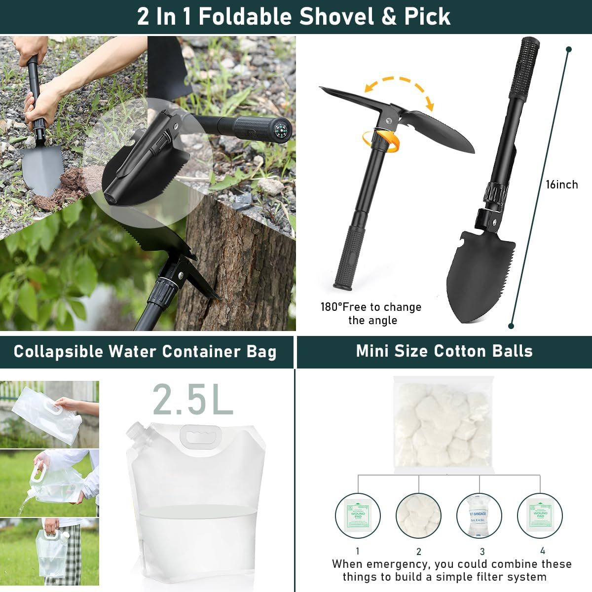 Kit de supervivencia, 262 piezas de equipo de supervivencia y suministros con bolsa de primeros auxilios y bolsa cruzada, kit de emergencia con tienda, martillo de hacha de campamento, pala de
