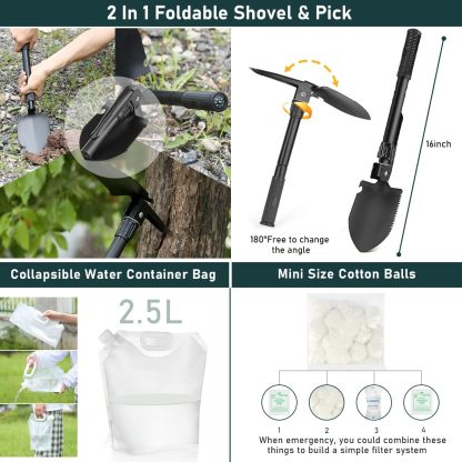 Kit de supervivencia, 262 piezas de equipo de supervivencia y suministros con bolsa de primeros auxilios y bolsa cruzada, kit de emergencia con tienda, martillo de hacha de campamento, pala de