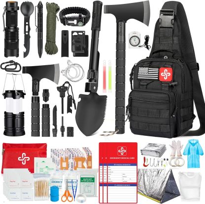 Kit de supervivencia, 262 piezas de equipo de supervivencia y suministros con bolsa de primeros auxilios y bolsa cruzada, kit de emergencia con tienda, martillo de hacha de campamento, pala de