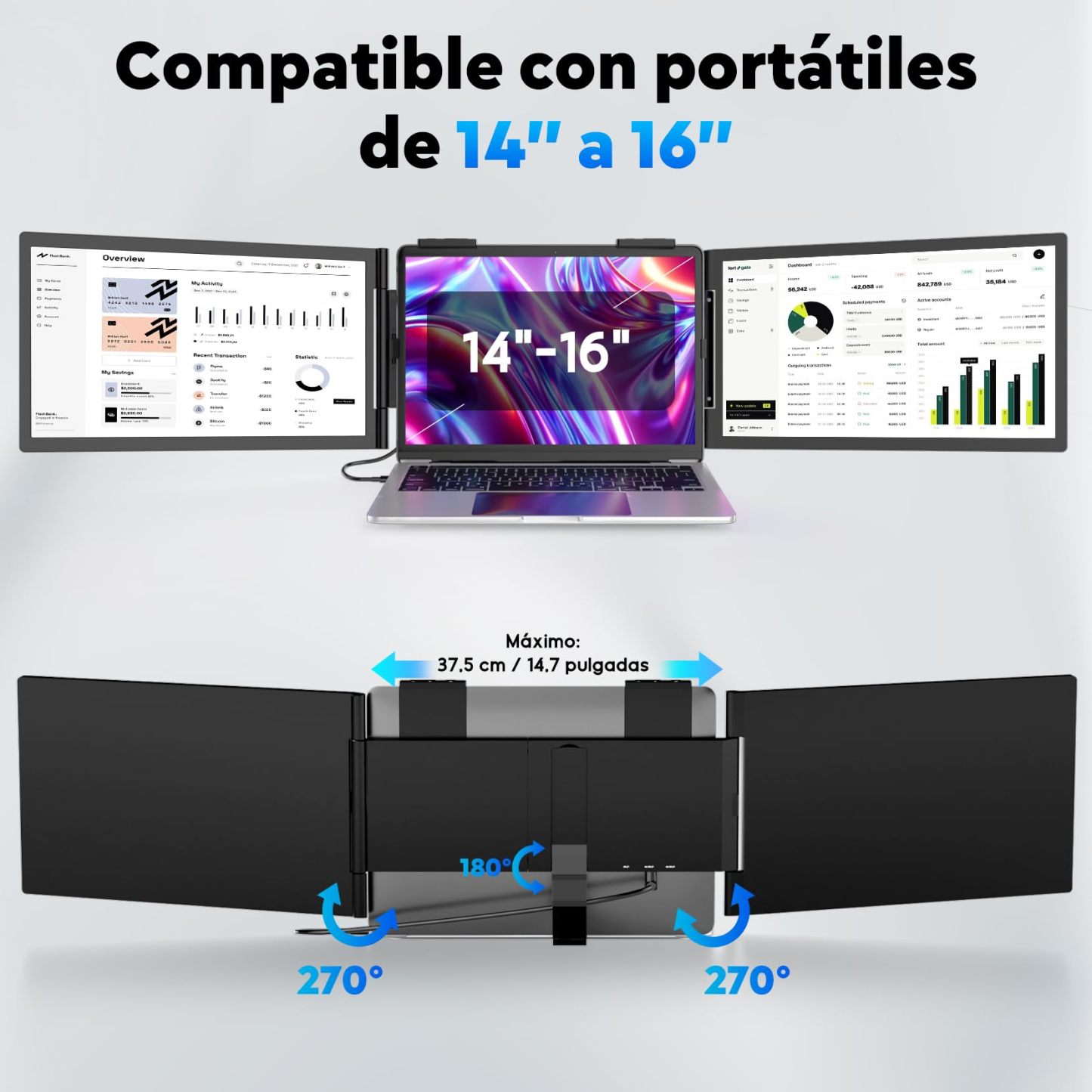 Szory Extensor de Pantalla para Laptop, Monitor Portátil IPS FHD 1080P de 14", Pantalla Triple Compatible con Laptops de 14" a 16", Windows y Mac, Incluye Bolsa de Transporte