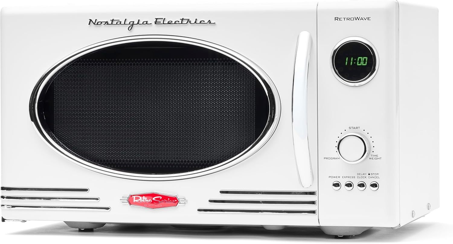 Nostalgia - Horno de microondas retro para encimera de mediados de siglo, tamaño grande de 900 W, 0.9 pies cúbicos, 8 ajustes de cocción preprogramados, reloj digital, electrodomésticos de cocina,
