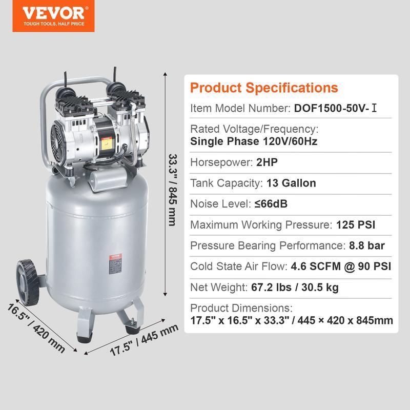 Compresor de aire VEVOR de 13 galones, 2 HP, 4.6 SCFM a 90 PSI, sin aceite, ultra silencioso (66 dB) para inflado de neumáticos, reparación de automóviles, clavado en carpintería y pintura con pistola (presión máx. de 125 PSI)