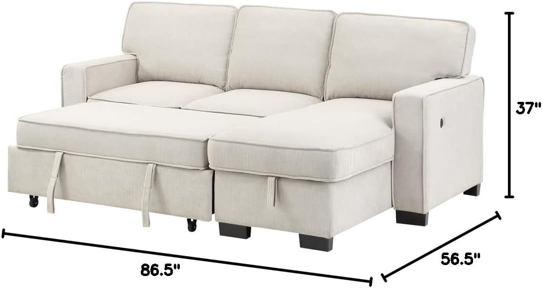 Lilola Home Estelle - Cama Reversible de Tela Beige de 86 Pulgadas, con Mesa desplegable de Almacenamiento para tumbonas, 2 portavasos y 2 Puertos USB