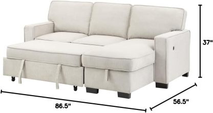 Lilola Home Estelle - Cama Reversible de Tela Beige de 86 Pulgadas, con Mesa desplegable de Almacenamiento para tumbonas, 2 portavasos y 2 Puertos USB