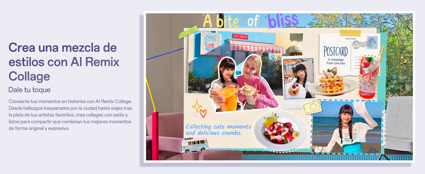 Collage creativo de AI Remix Collage con fotos de verano, comida, playa y detalles decorativos.