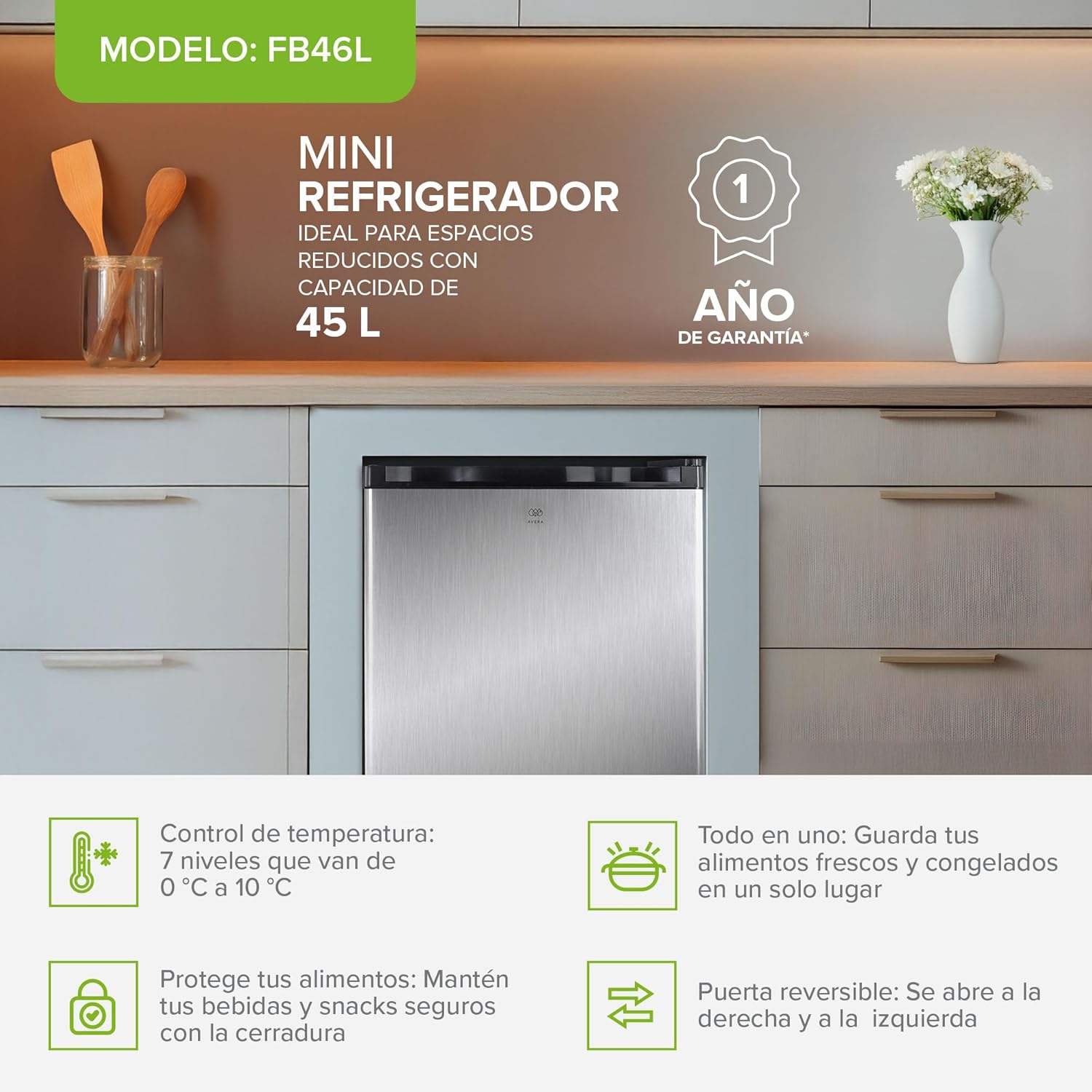AVERA Frigobar 45L con Llave | Mini Refrigerador con Congelador, Puerta Reversible y Control de Temperatura 0°C-10°C | Ideal para Oficina, Cuarto o Minibar | FB46L