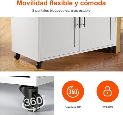 Isla de Cocina Móvil Multifuncional con Ruedas - Abatible,Organizador Integrado Gabinetes,Cajones,Especiero,Toallero Mesa Auxiliar,Almacenamiento Compacto Color de Relieve Blanco