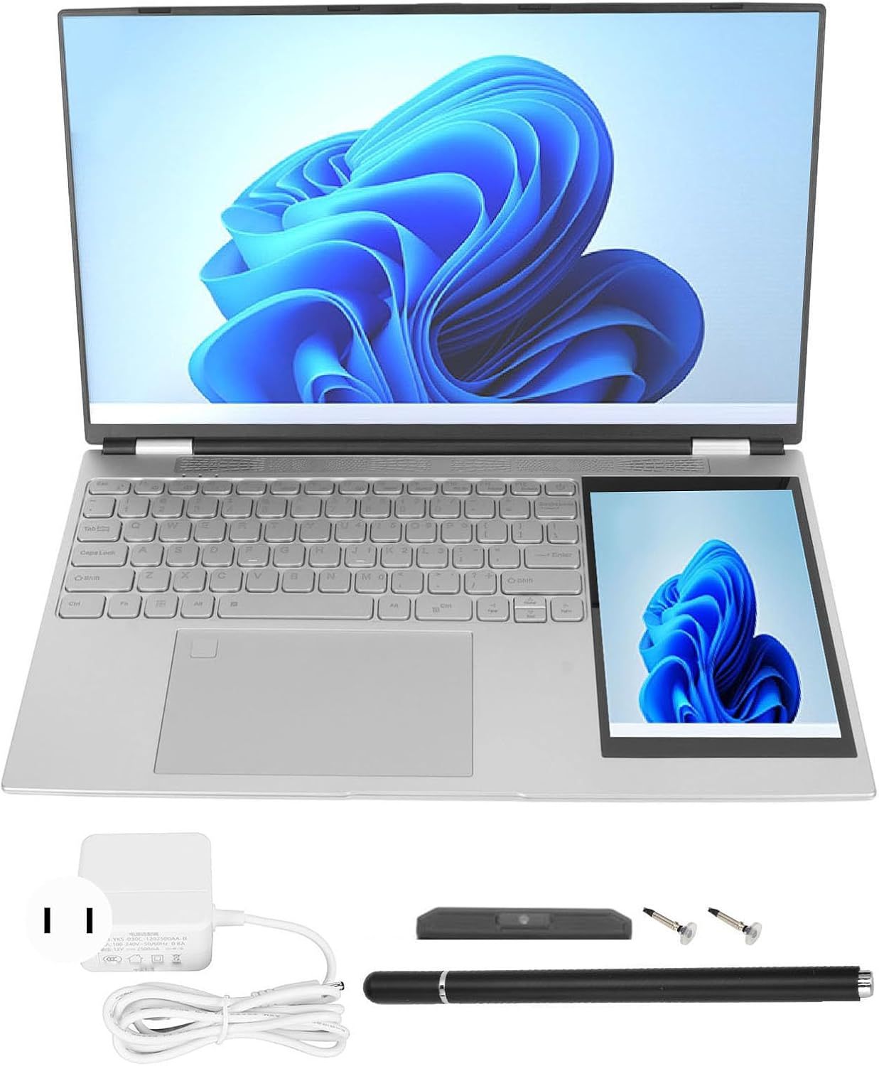 Haofy Laptop de Pantalla Doble, 1280x800 Pantalla Táctil IPS de 7 Pulgadas 16GB HD Laptop Plata Desbloqueo de Huellas Dactilares para Negocios para 11 (16GB+1TB Enchufe de EE. UU.)