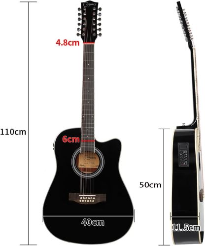 Jidyous-41 Inch,4/4,Guitarra Electroacústica 12 cuerdas,con Funda Acolchada, afinadores, Tirantes de guitarra,cuerdas, paletas, capó, adecuada para adultos jóvenes de nivel medio (Black)
