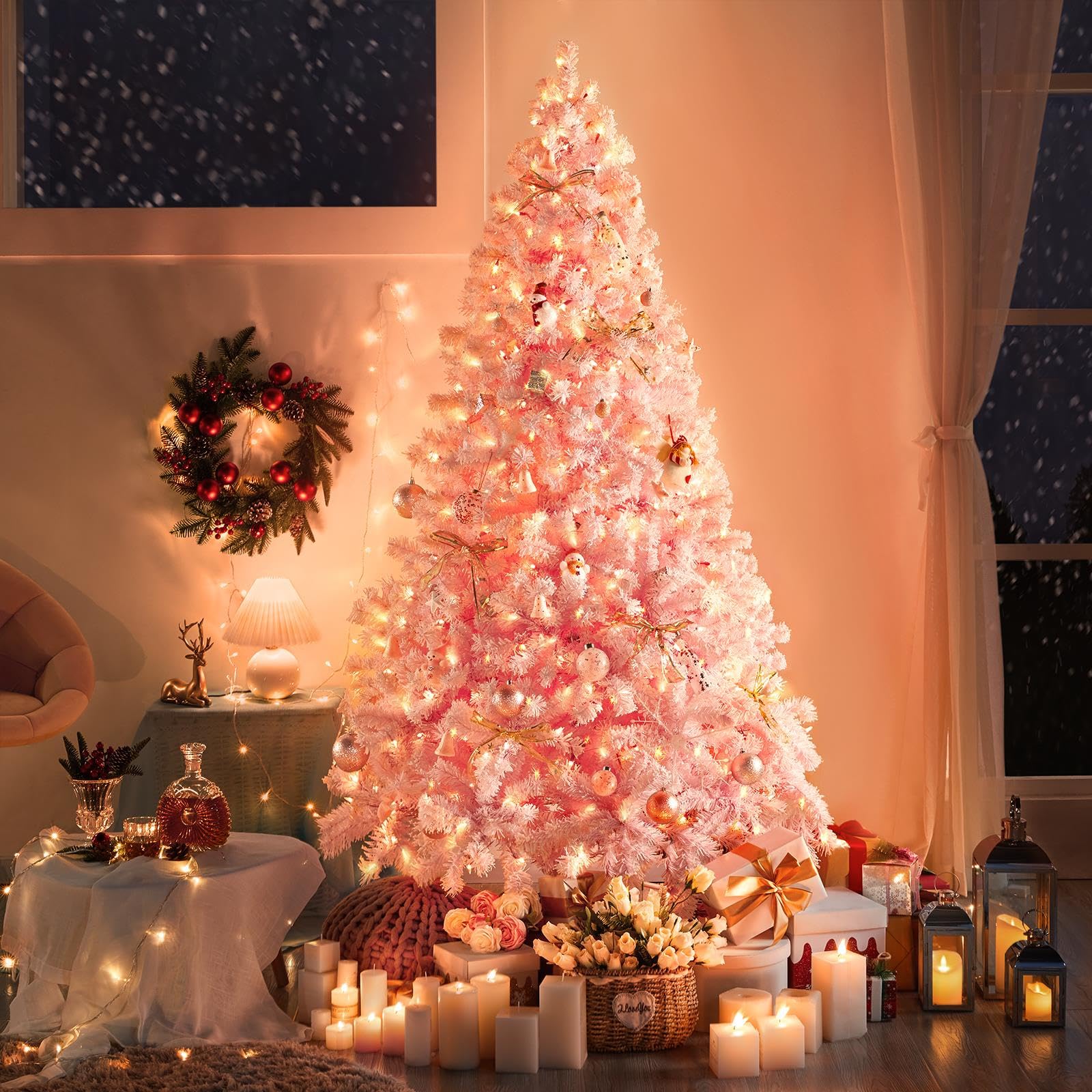 [Oferta especial de preventa]Yaheetech Árbol de Navidad Artificial Preiluminado de 6.5ft con 820 Puntas y 250 Luces Blancas Cálidas, Soporte Plegable, Color Blanco