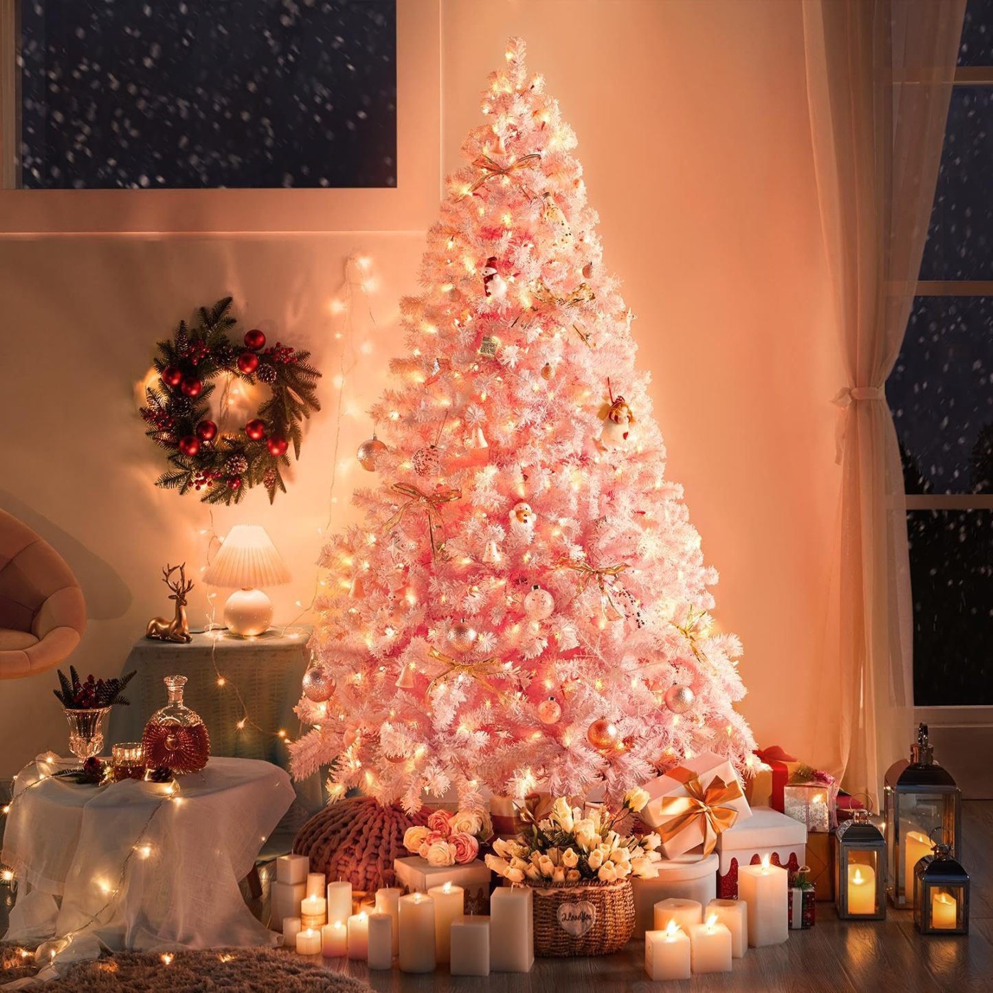 [Oferta especial de preventa]Yaheetech Árbol de Navidad Artificial Preiluminado de 6.5ft con 820 Puntas y 250 Luces Blancas Cálidas, Soporte Plegable, Color Blanco