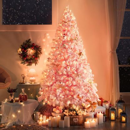 [Oferta especial de preventa]Yaheetech Árbol de Navidad Artificial Preiluminado de 6.5ft con 820 Puntas y 250 Luces Blancas Cálidas, Soporte Plegable, Color Blanco