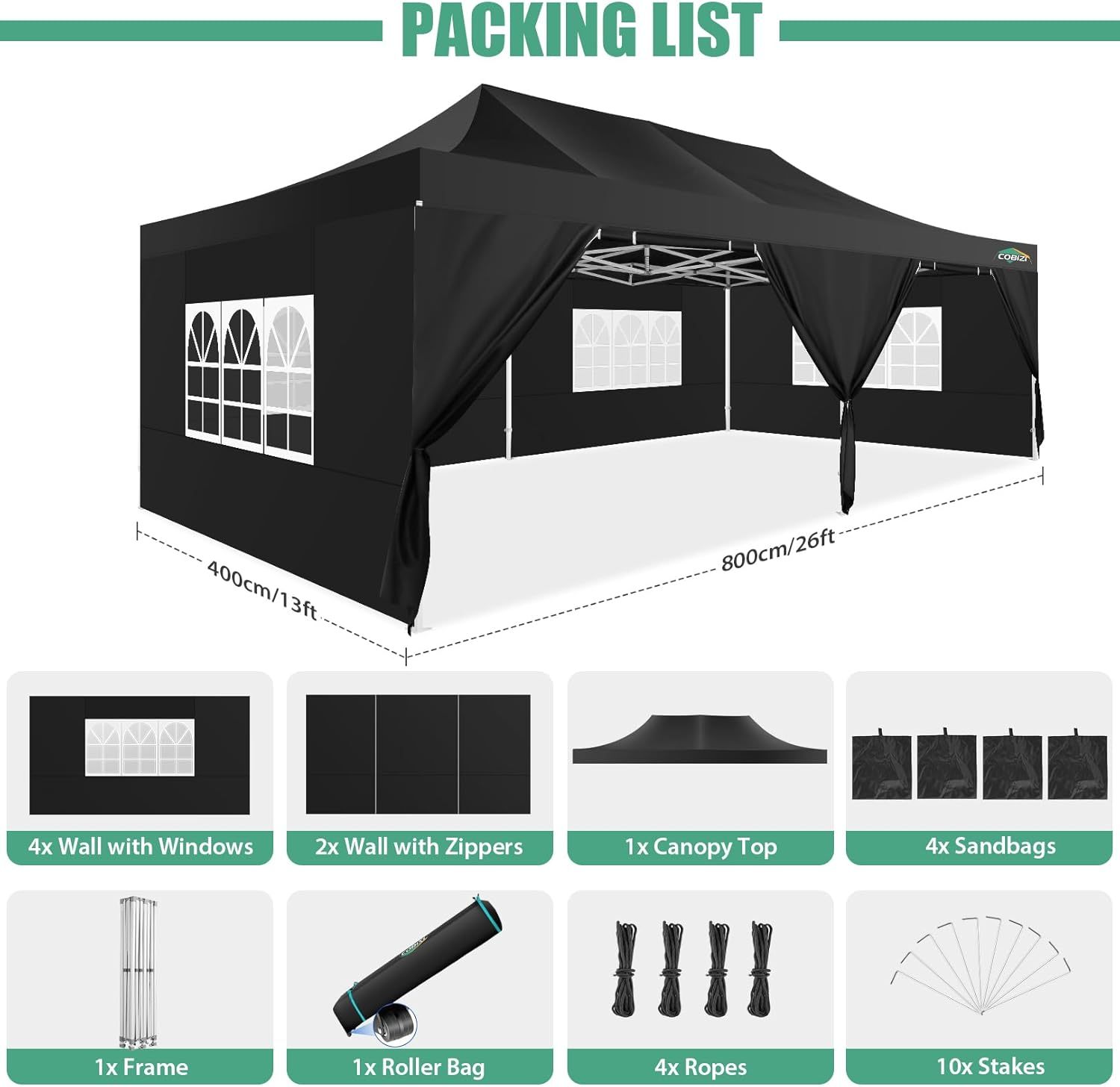 COBIZI - Toldo desplegable de 10 x 20 Pulgadas con 6 Paredes Laterales, toldo Impermeable para Eventos al Aire última intervensión, UPF 50+ cenador portátil para Fiestas, Playa, Camping, Boda,
