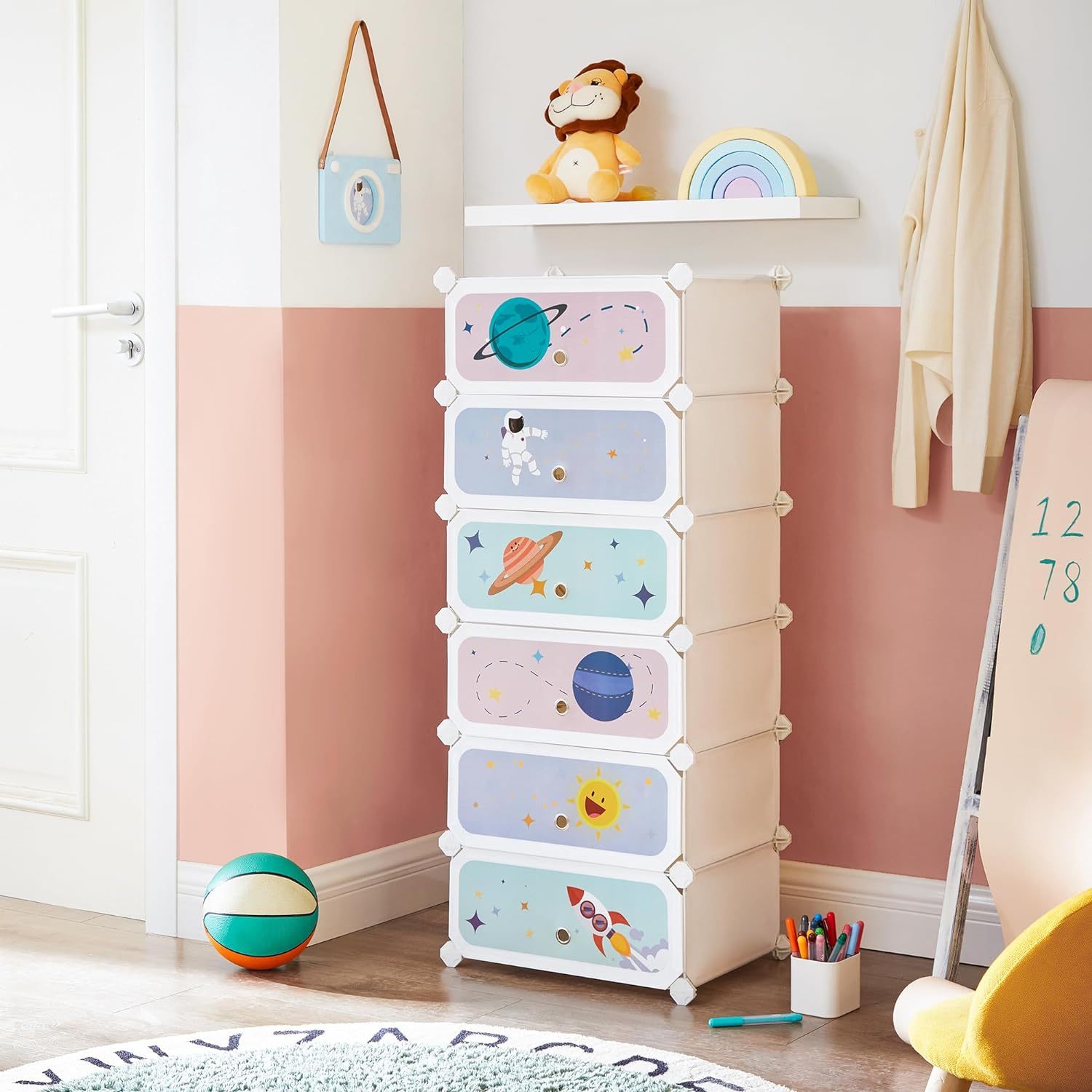 SONGMICS Modular Children's Shelf with 6 Cubes, Children's Shoe Rack, 43 x 31 x 105 cm, Modular Cabinet with Doors, for Clothes, Shoes, Toys, Cloud White MLPC904W01