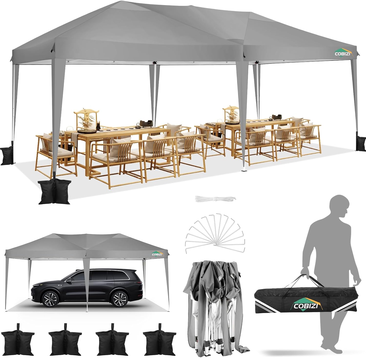 COBIZI - Toldo desplegable de 10 x 20 Pulgadas con 6 Paredes Laterales, toldo Impermeable para Eventos al Aire última intervensión, UPF 50+ cenador portátil para Fiestas, Playa, Camping, Boda,