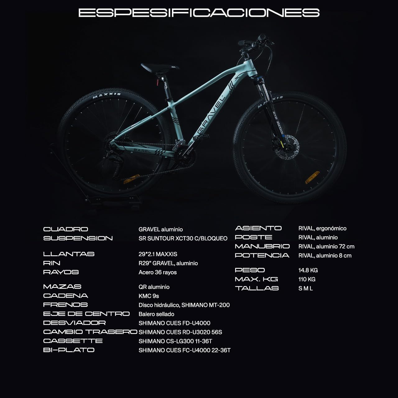 GRAVEL Bicicleta de Montaña Barel | Bicicleta R29 - Cuadro Aluminio 15 kg | Transmisión Cues 18V | Frenos Hidráulicos y Llantas Kenda