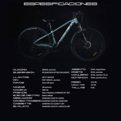 GRAVEL Bicicleta de Montaña Barel | Bicicleta R29 - Cuadro Aluminio 15 kg | Transmisión Cues 18V | Frenos Hidráulicos y Llantas Kenda