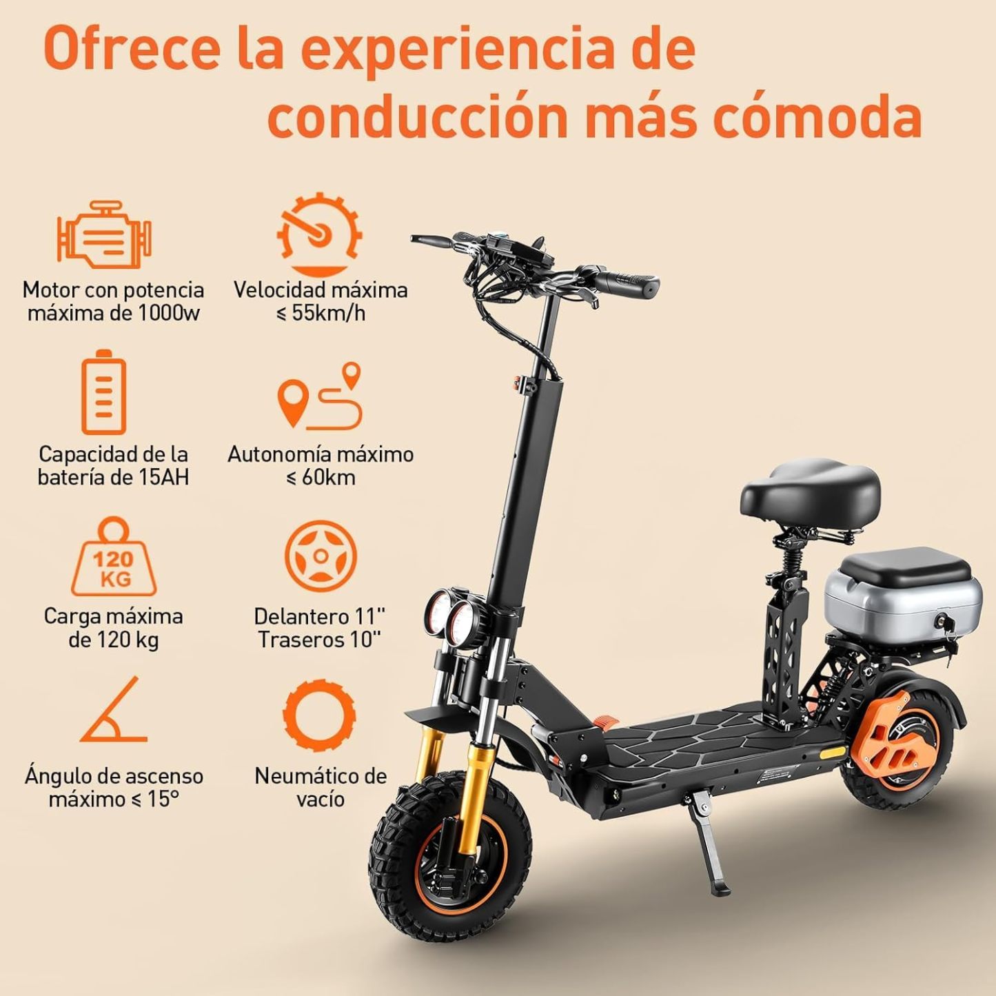 HONEYWHALE H3 Scooter Eléctrico Plegable para Adultos, Patin Electrico con Motor 1000W, Velocidad Máxima 55 km/h, Batería 15AH-Autonomía 60 km, Asiento del Maletero
