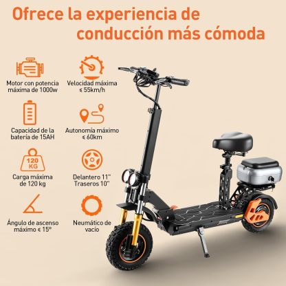 HONEYWHALE H3 Scooter Eléctrico Plegable para Adultos, Patin Electrico con Motor 1000W, Velocidad Máxima 55 km/h, Batería 15AH-Autonomía 60 km, Asiento del Maletero