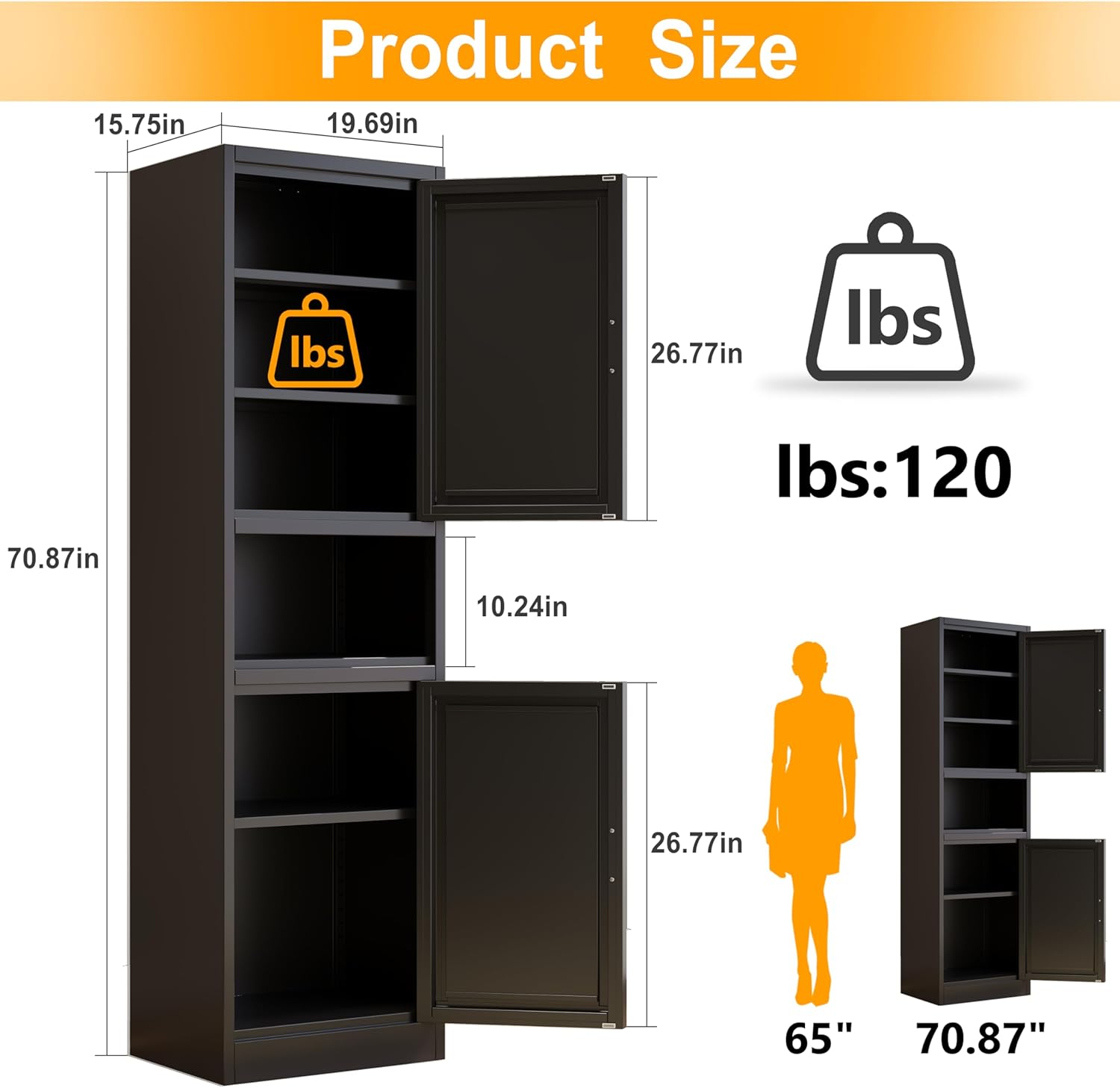 Ckzbx Gabinete de cocina de metal de 61 pulgadas de alto con 4 puertas, armarios de baño, 2 estantes ajustables para cocina, oficina en casa, sala de estar, comedor (negro)