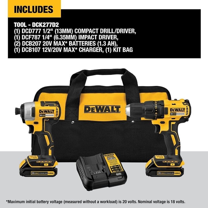 DEWALT - Taladro inalámbrico de 20 V MAX, driver de impacto, kit combinado de herramientas eléctricas de 2 herramientas, juego de herramientas eléctricas sin escobillas con 2 baterías y cargador