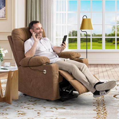 YITAHOME Silla reclinable con elevación eléctrica para Ancianos, Silla reclinable de Tela con Masaje y Calor, Asiento Espacioso, Puertos USB, portavasos, Bolsillos Laterales, Control Remoto (café)