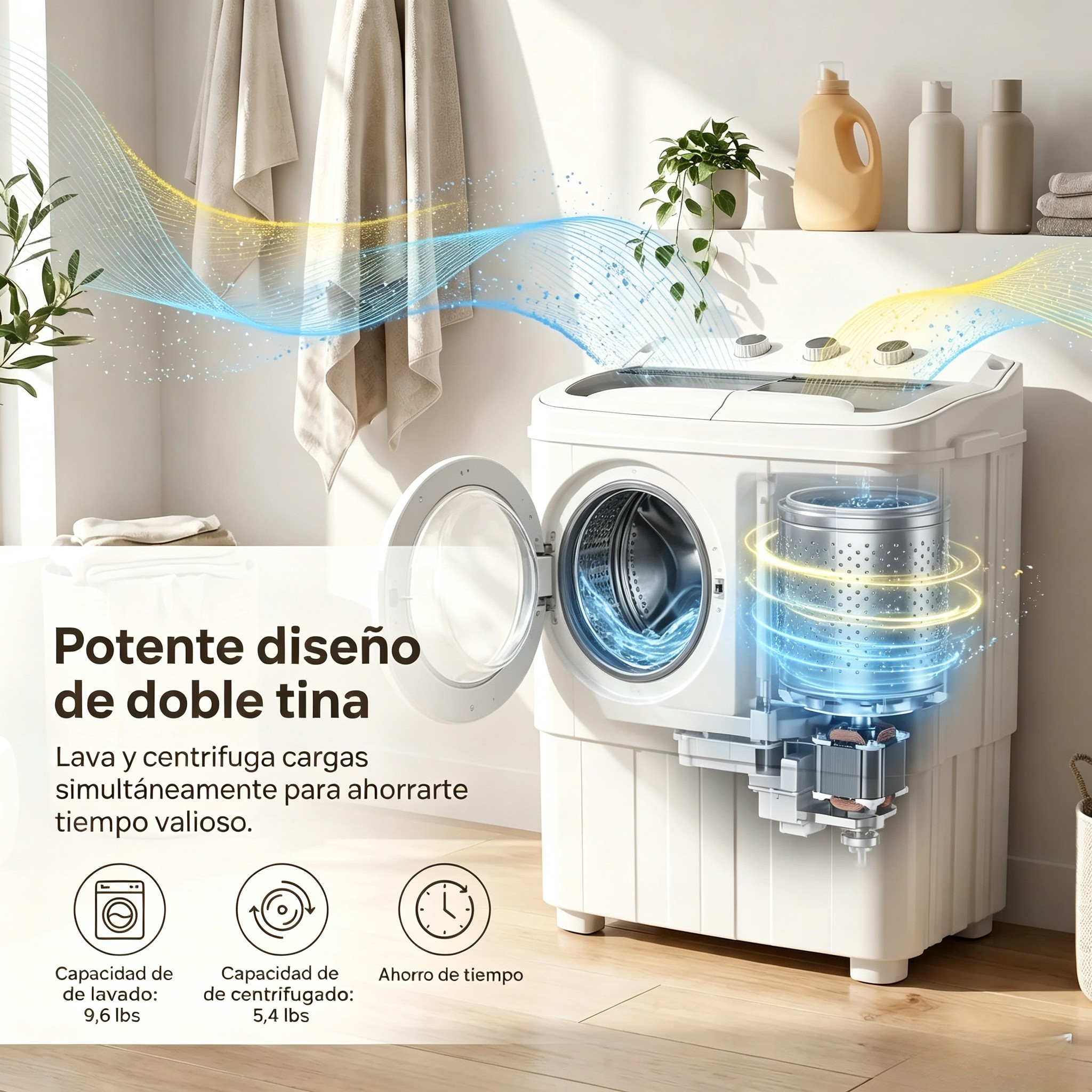Lavadora semiautomática de doble tina (capacidad total de 16 lb: 9.6 lb de lavado + 5.4 lb de centrifugado); lavadora compacta ideal para apartamentos, dormitorios, casas rodantes, campamentos y uso doméstico diario.