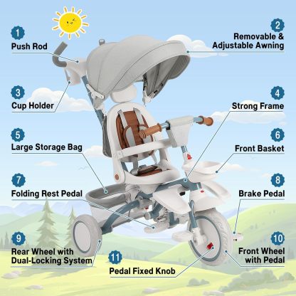 Babevy - Triciclo para bebé, 7 en 1, Plegable con Mango de Empuje Ajustable extraíble, toldo, Asiento Giratorio, arnés de Seguridad, portavasos y Almacenamiento, Triciclo para niños de 1 a 5 años