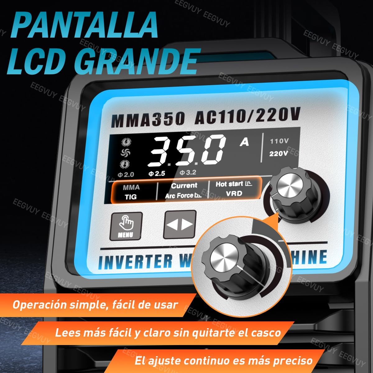 Máquina de Soldar Inverter 2 en 1, 350A, Dual Voltaje 110V/220V, MMA/TIG, Control Digital, Arco Estable con Funciones de Protección y Sistema de Disipación de Calor Eficiente